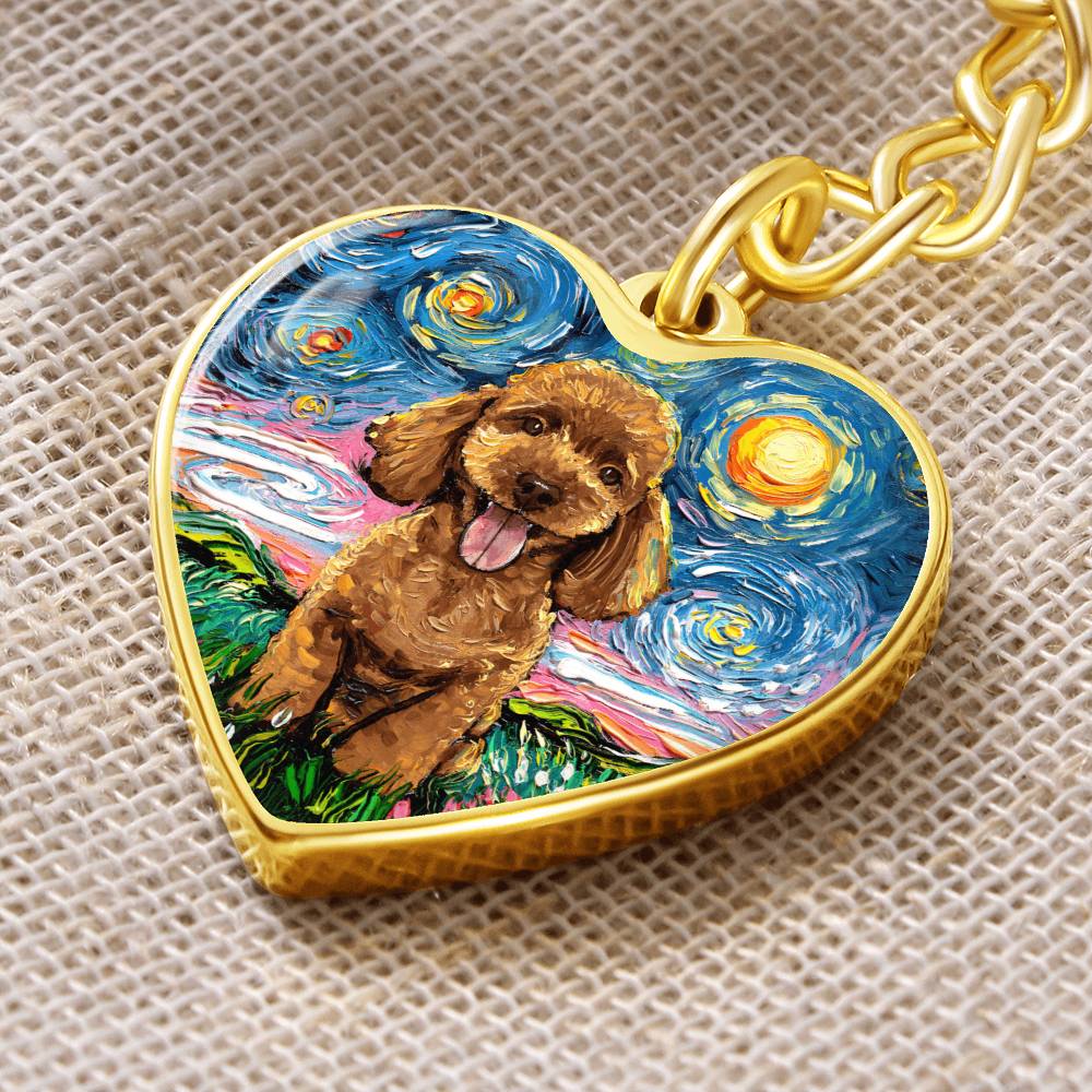 Apricot Poodle Puppy Starry Night Heart Keychain