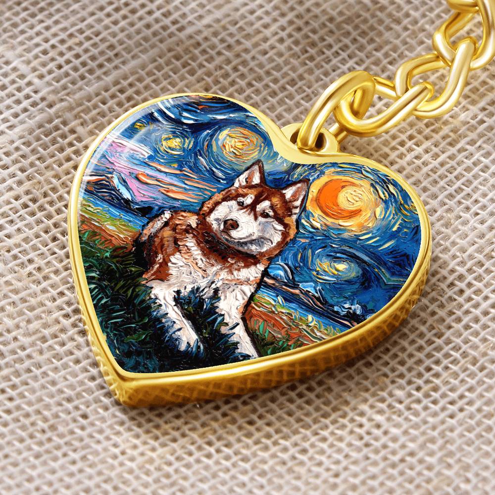 Red Husky Starry Night Heart Keychain