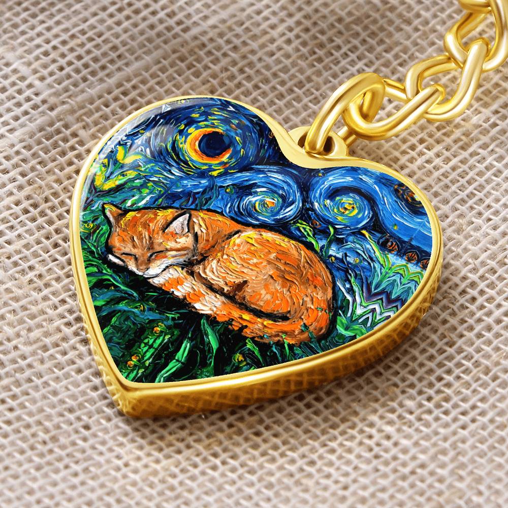Sleeping Orange Tabby Cat Starry Night Heart Keychain