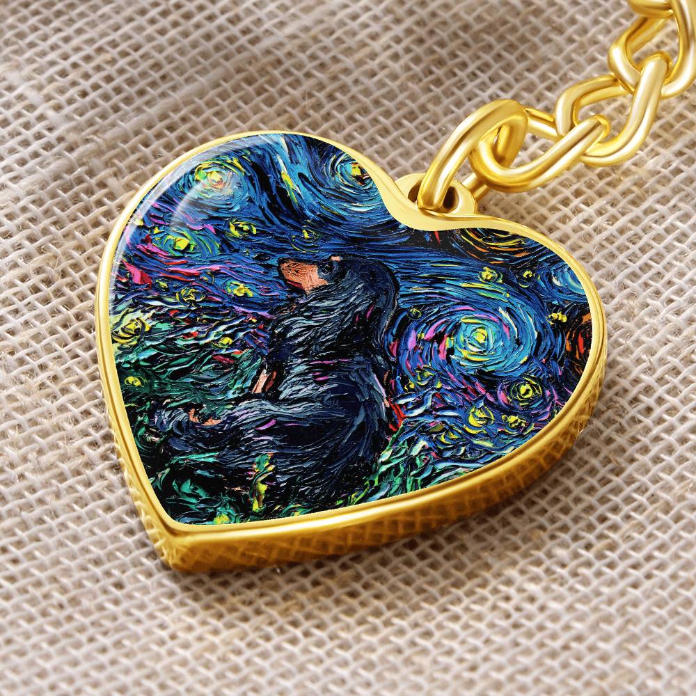 Long Hair Black and Tan Dachshund Starry Night Heart Keychain