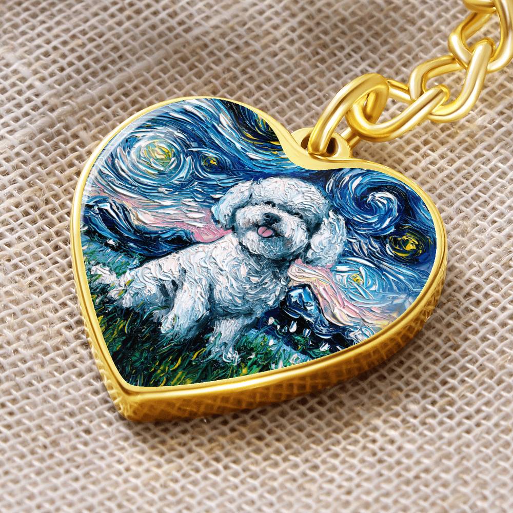 Bichon Frise Starry Night Heart Keychain