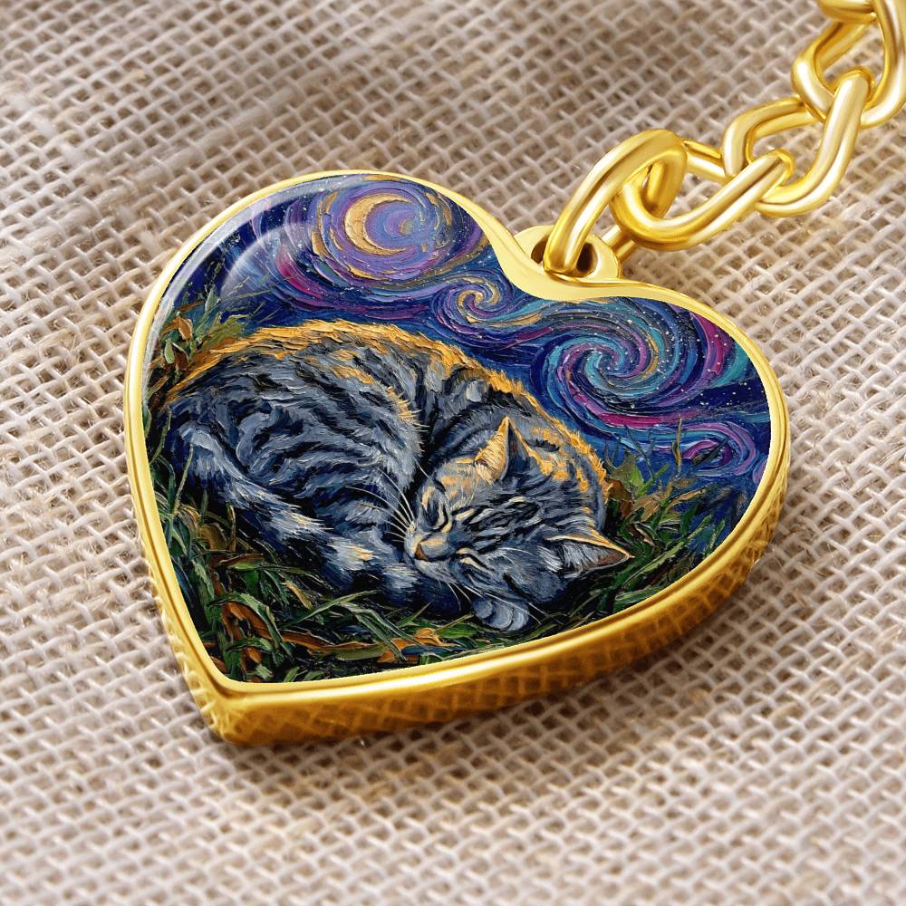 Sleepy American Shorthair Tabby Heart Keychain