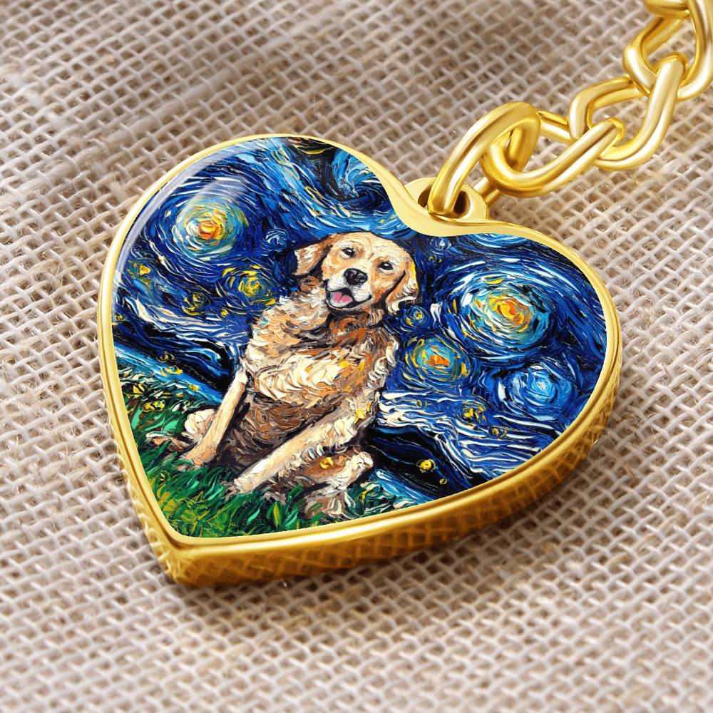 Golden Retriever Starry Night Heart Keychain