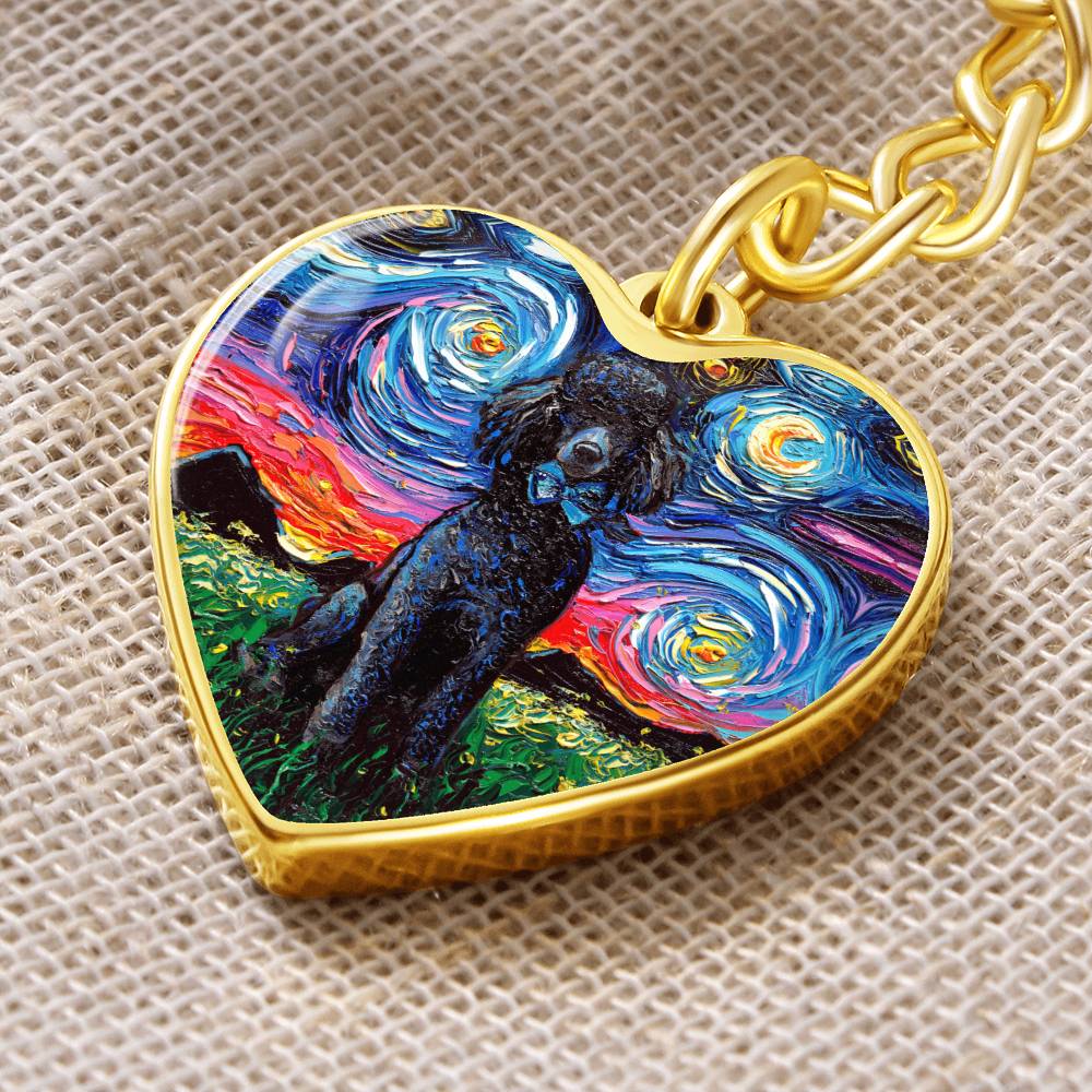 Black Poodle Starry Night Heart Keychain