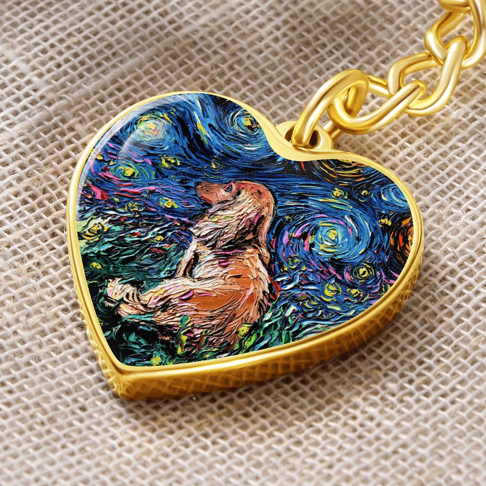 Long Hair Brown Dachshund Starry Night Heart Keychain
