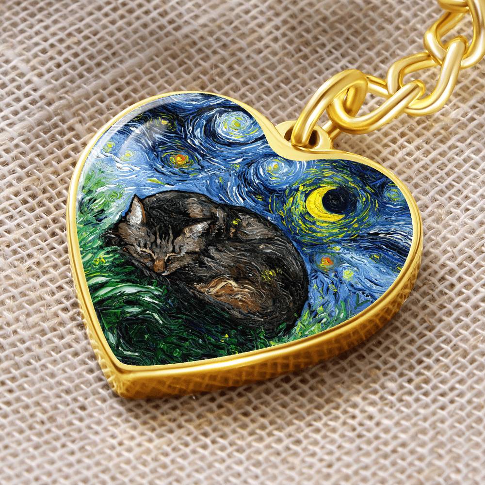 Sleeping Brown Tabby Cat Starry Night Heart Keychain