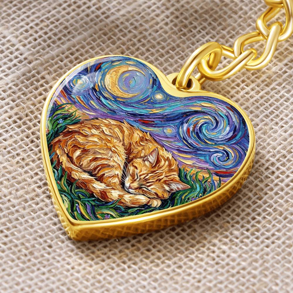 Sleepy Orange Tabby Night Heart Keychain