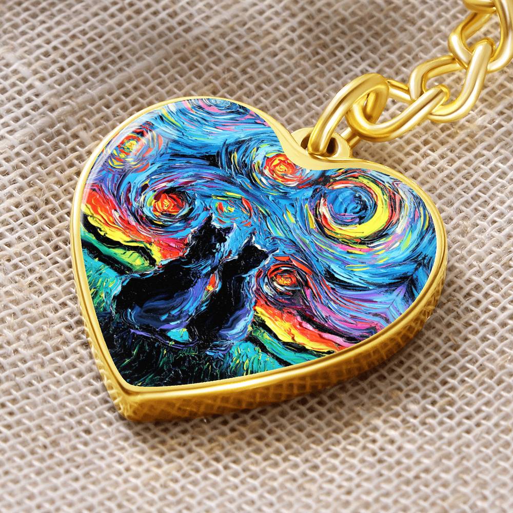 Van Gogh;s Cats Starry Night Heart Keychain