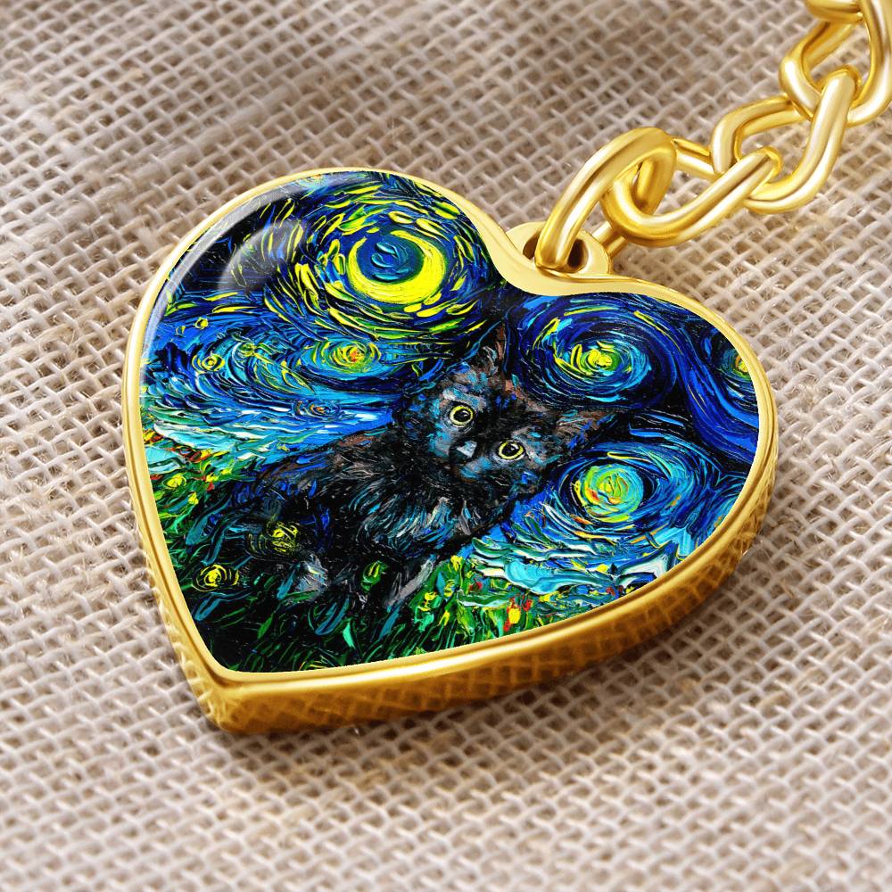 Black Cat Starry Night Heart Keychain