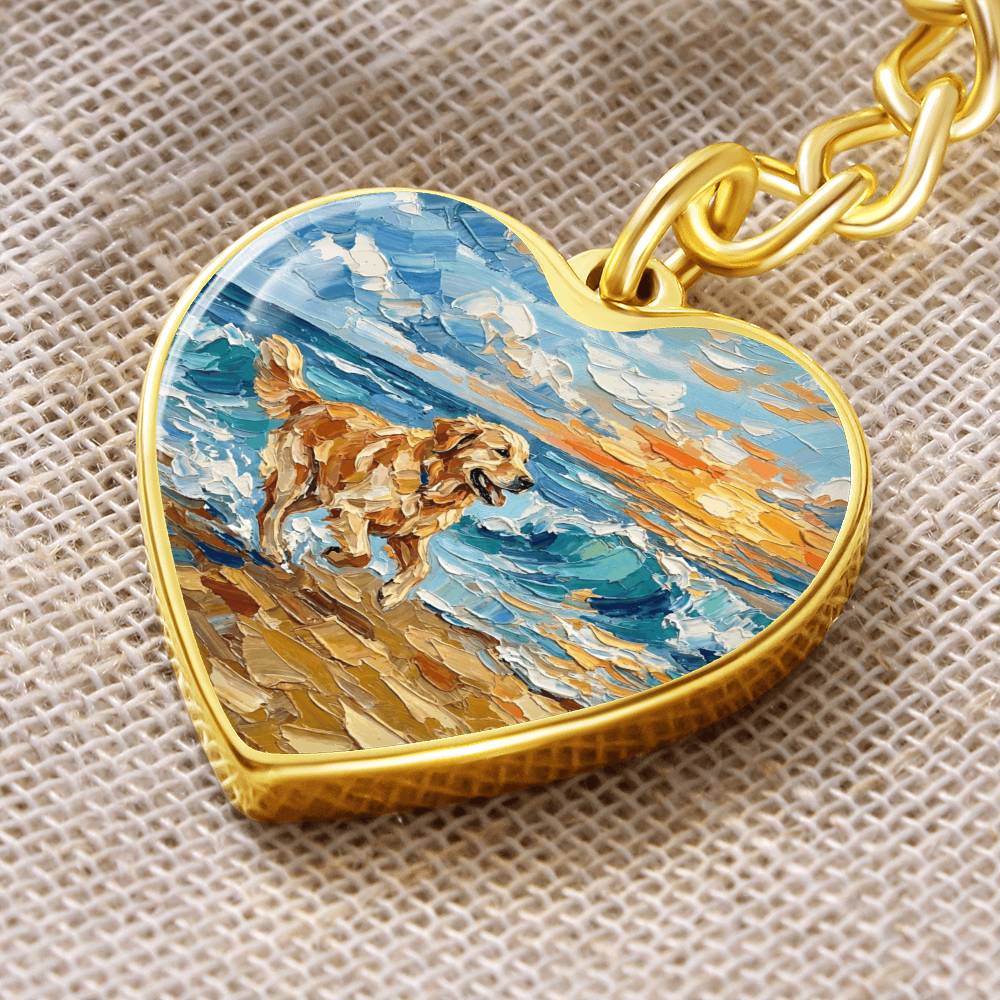 Frolicking Golden Retriever Heart Keychain