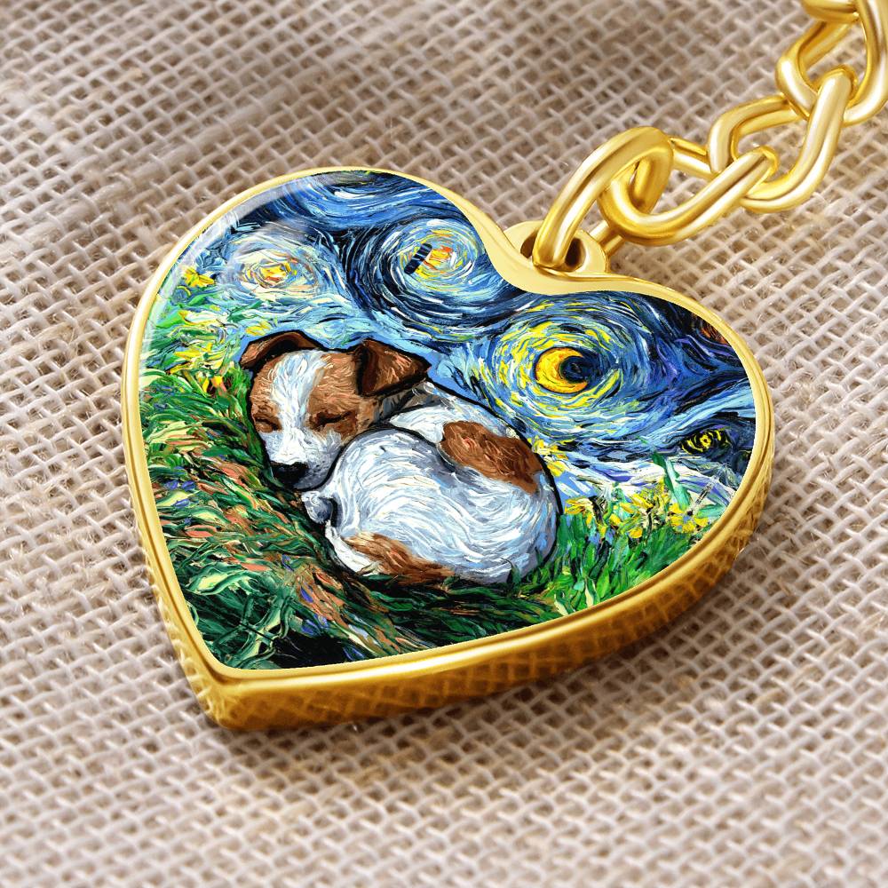 Sleeping Jack Russell Terrier Starry Night Heart Keychain
