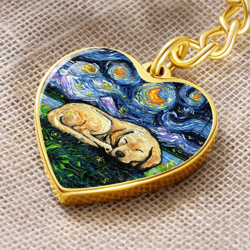 Sleeping Yellow Labrador Starry Night Heart Keychain