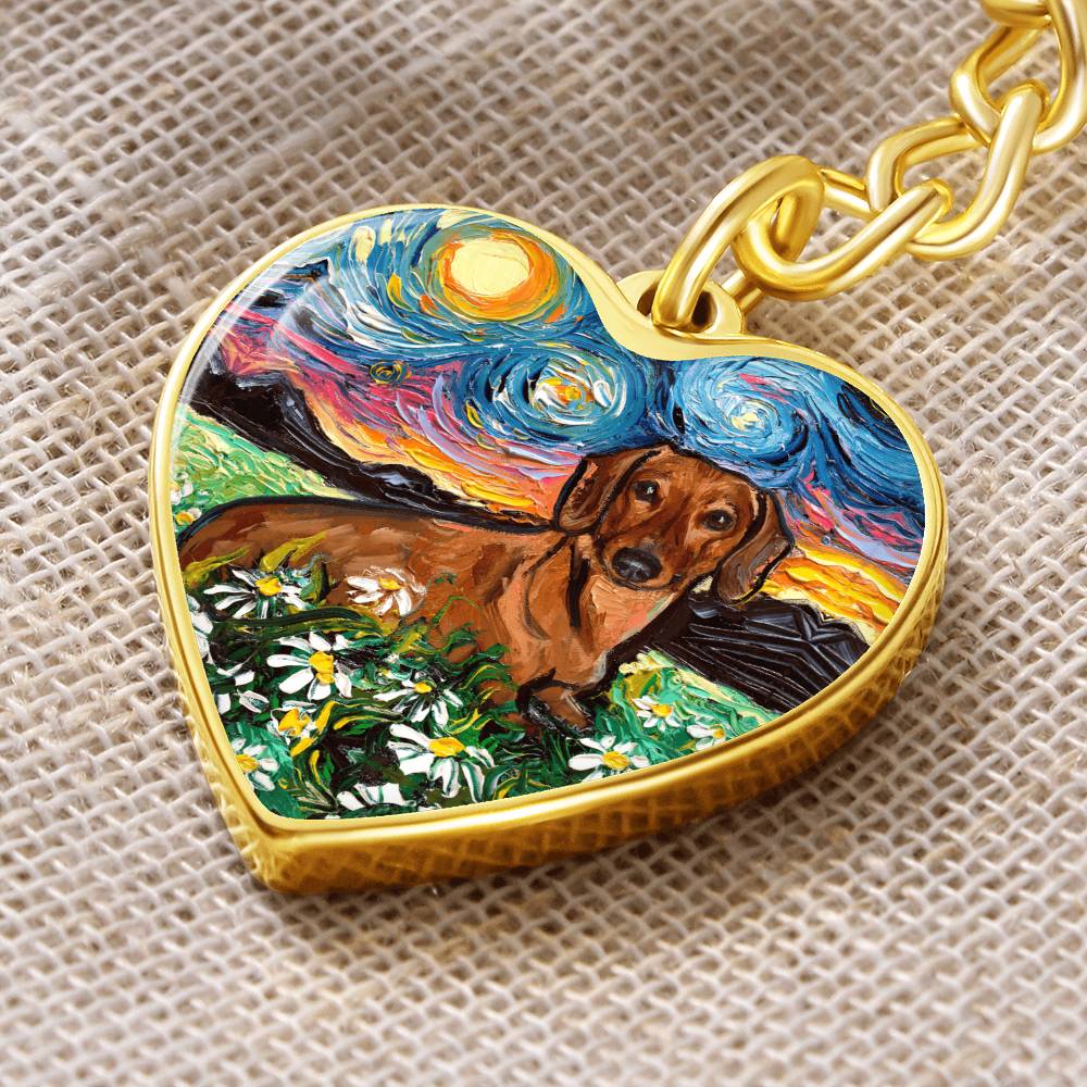 Brown Dachshund and Flowers Starry Night Heart Keychain
