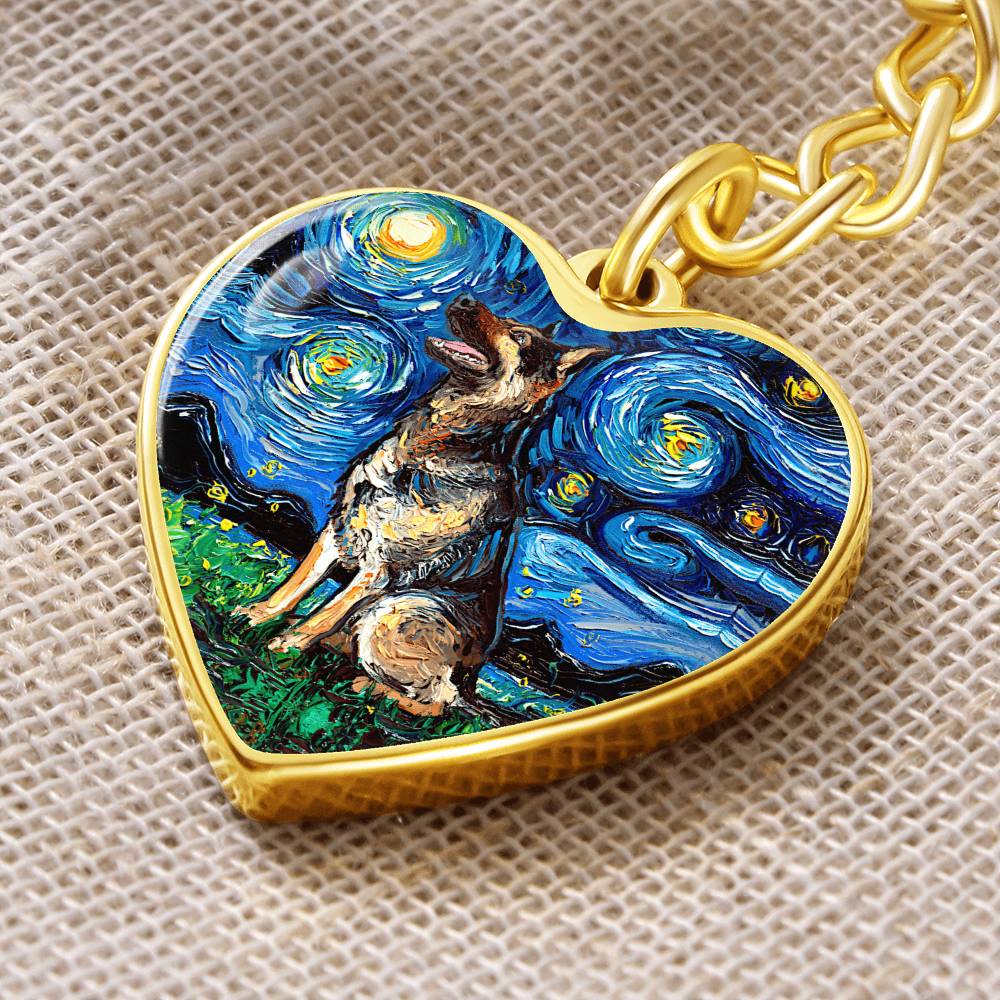 German Shepherd Starry Night Heart Keychain
