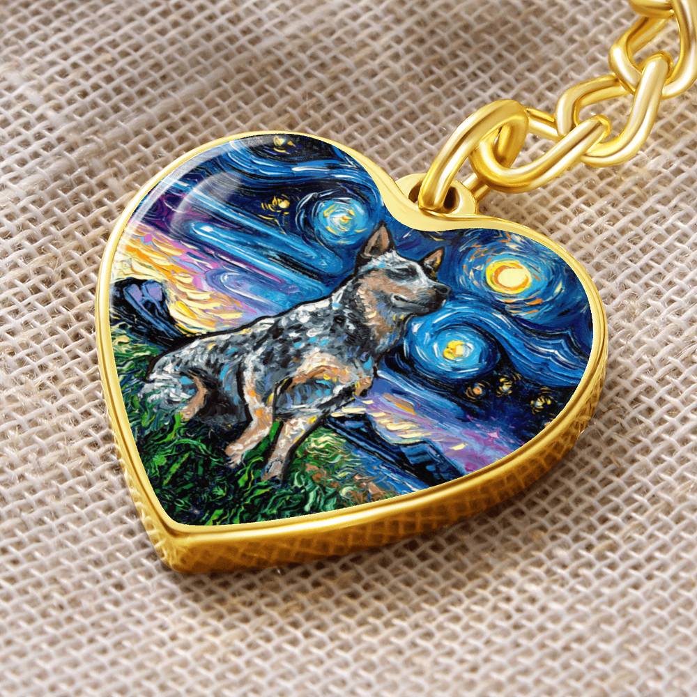 Blue Heeler Starry Night Heart Keychain