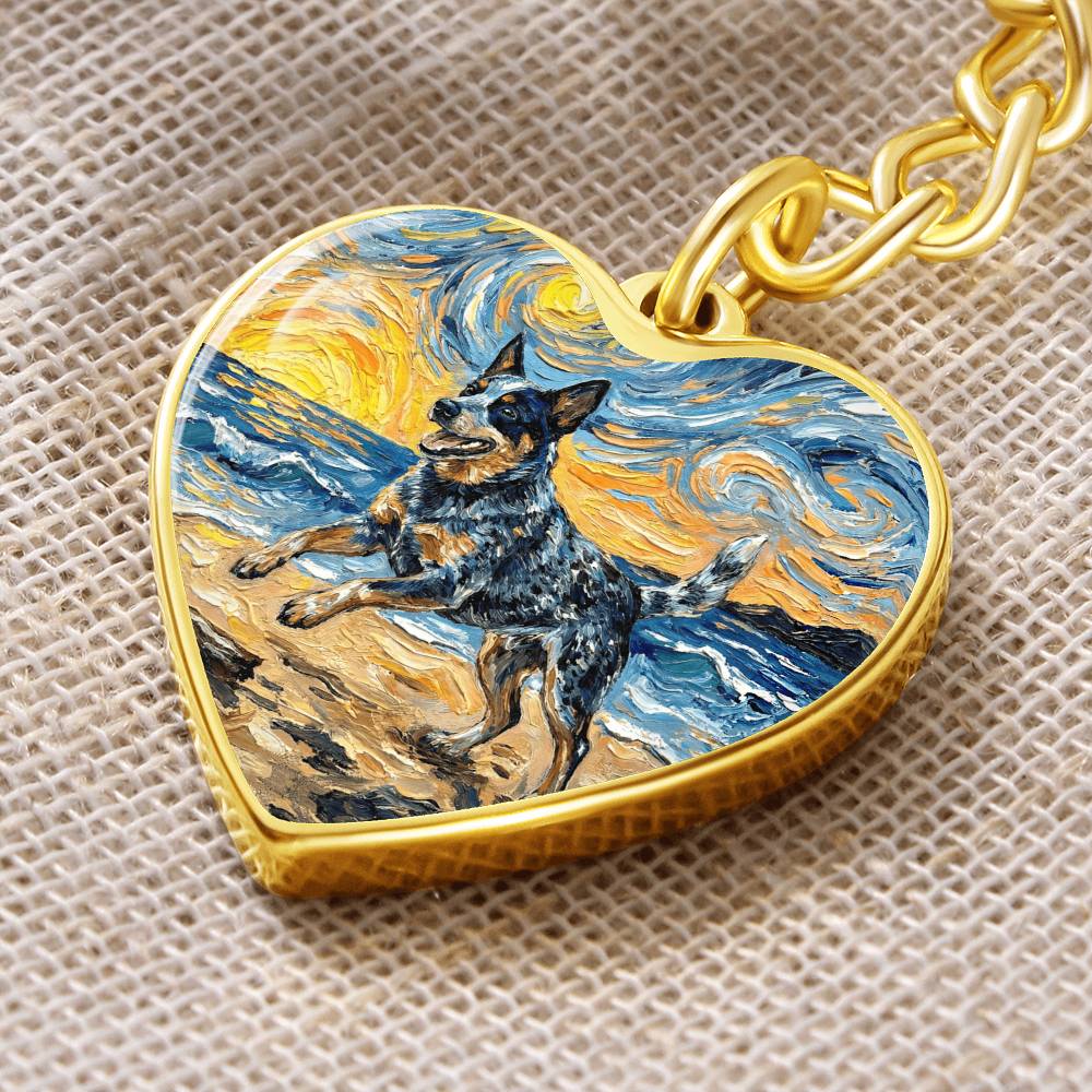 Frolicking Blue Heeler at the Beach Heart Keychain