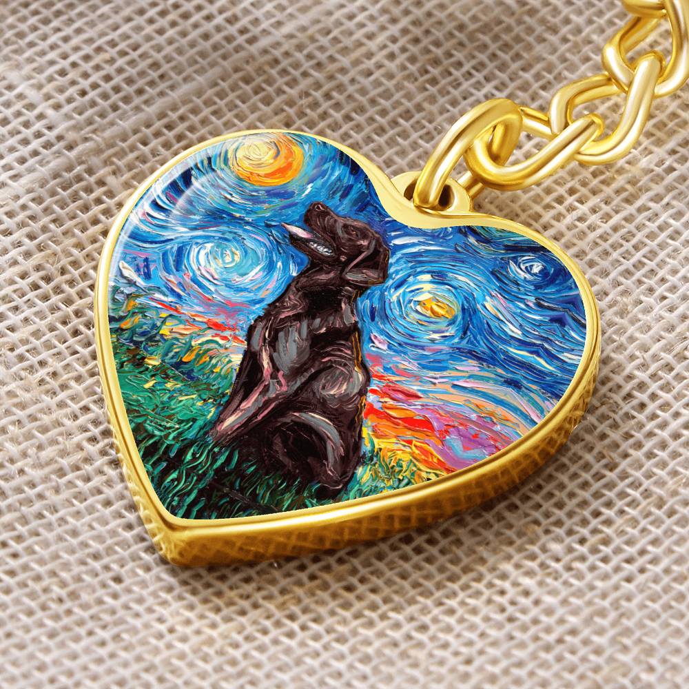 Chocolate Labrador Starry Night Heart Keychain