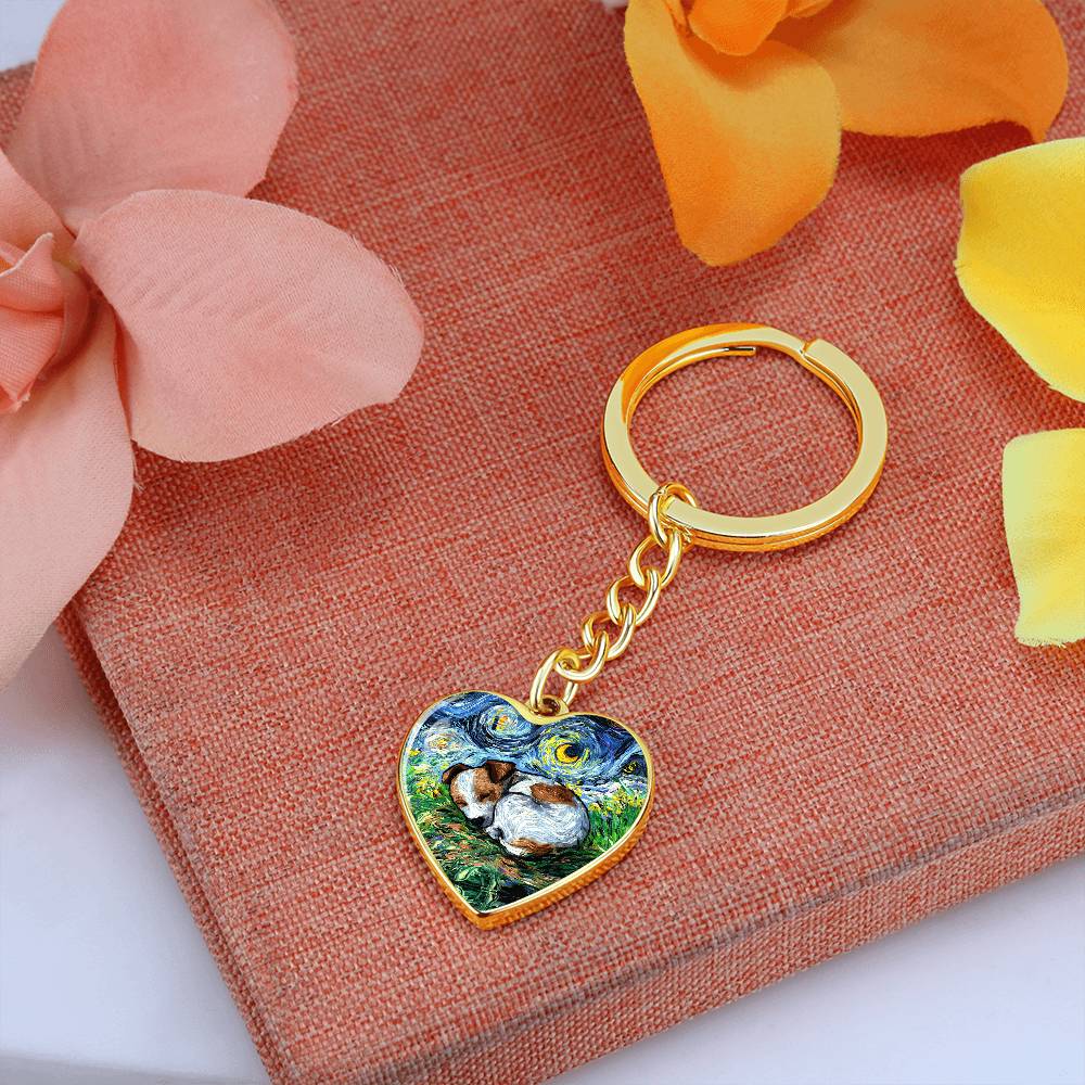 Sleeping Jack Russell Terrier Starry Night Heart Keychain