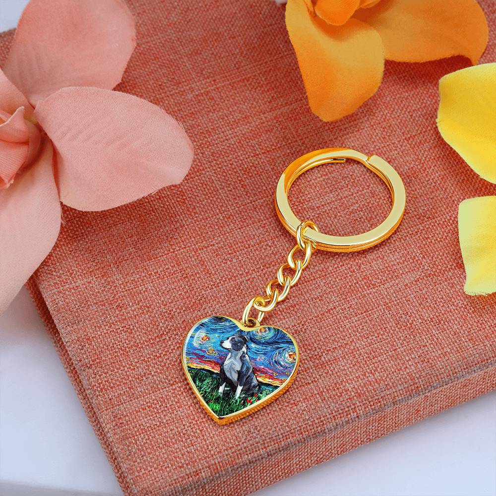 Pit Bull Starry Night Heart Keychain