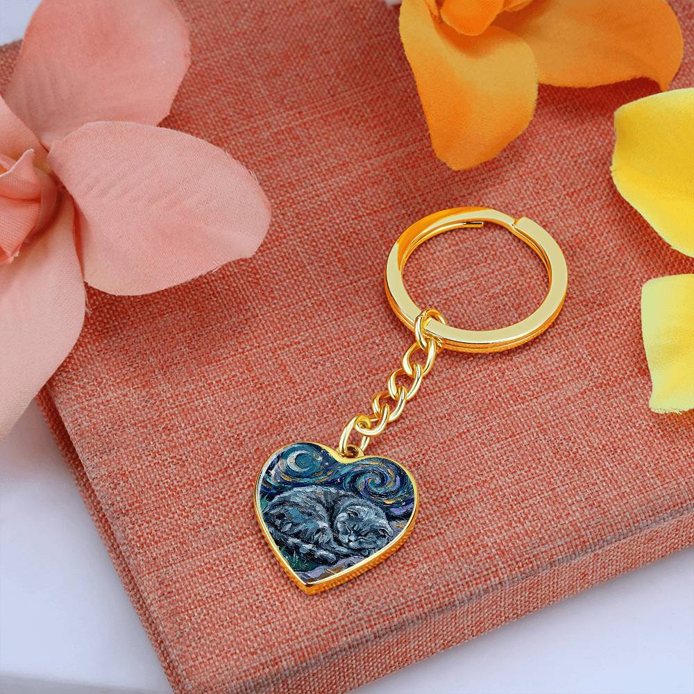 Sleepy Scottish Fold Night Heart Keychain