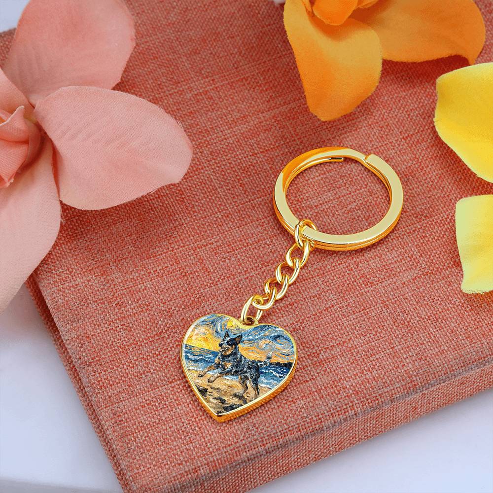 Frolicking Blue Heeler at the Beach Heart Keychain