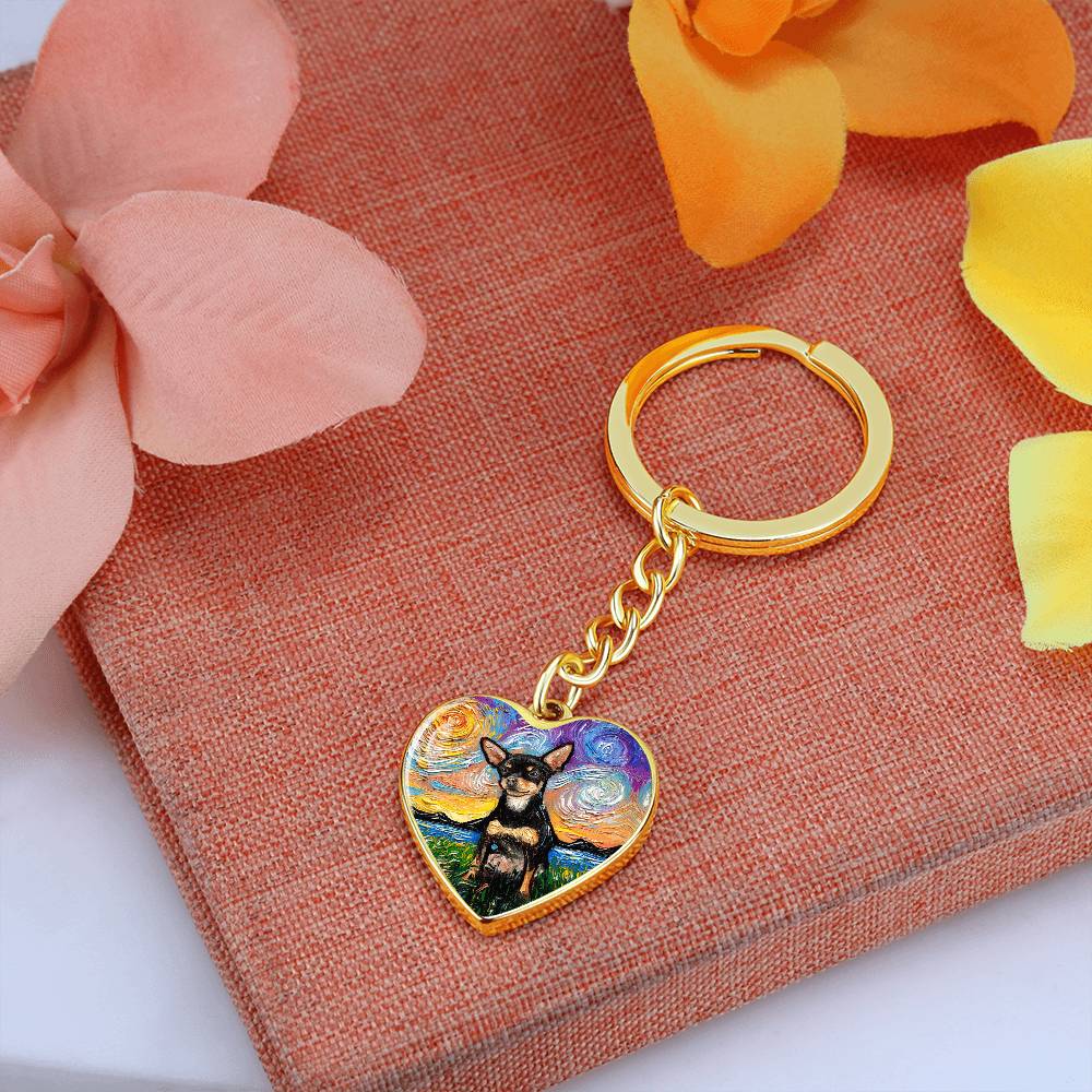 Black and Tan Chihuahua Starry Night Heart Keychain