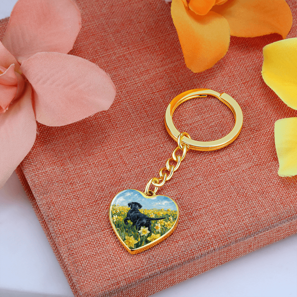 Amongst The Flowers - Black Labrador Heart Keychain