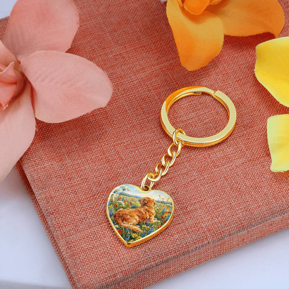 Amongst The Flowers - Golden Retriever Heart Keychain