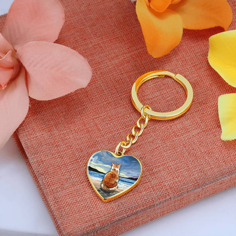 Beach Days - Orange and White Tabby Heart Keychain
