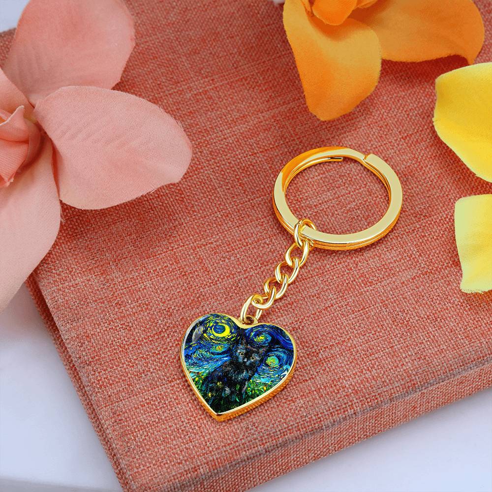 Black Cat Starry Night Heart Keychain