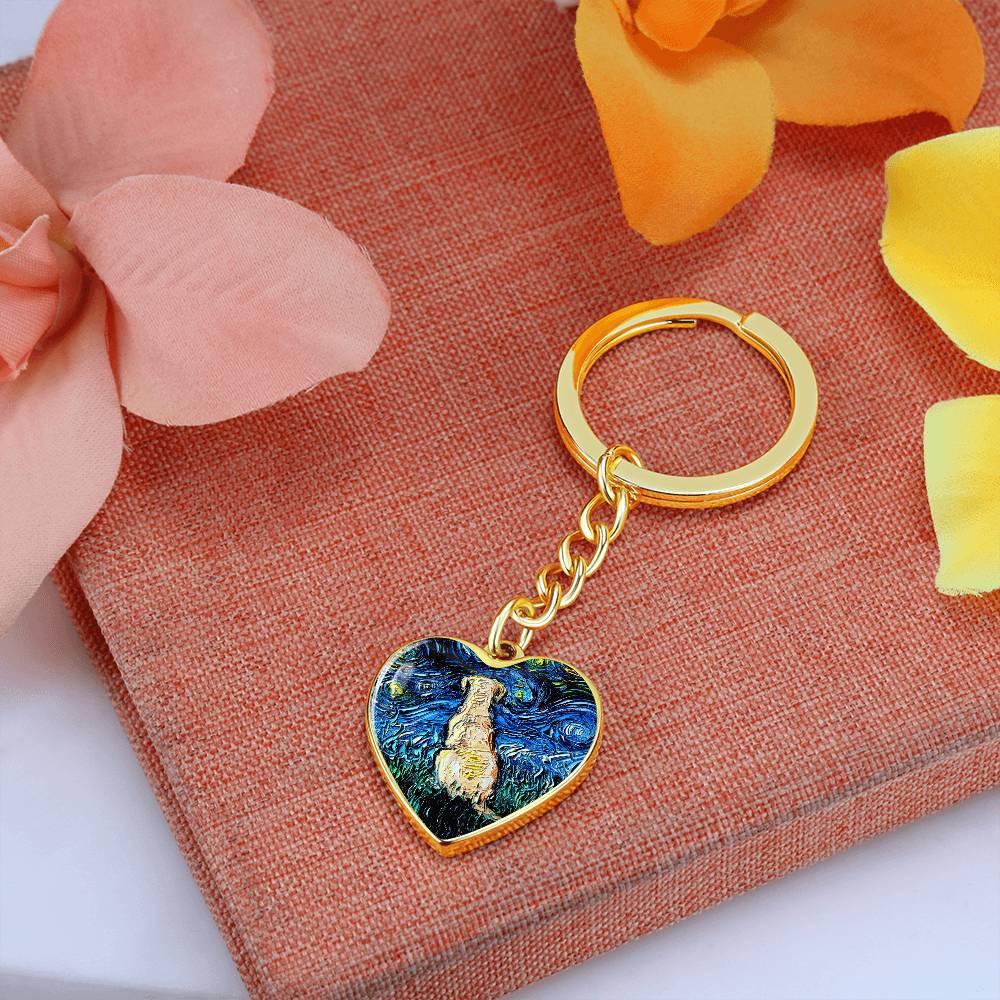 Yellow Labrador Back Starry Night Heart Keychain
