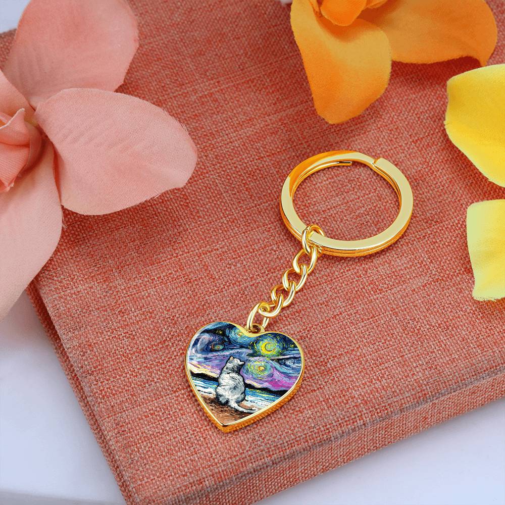 White Cat Night 2 Starry Night Heart Keychain