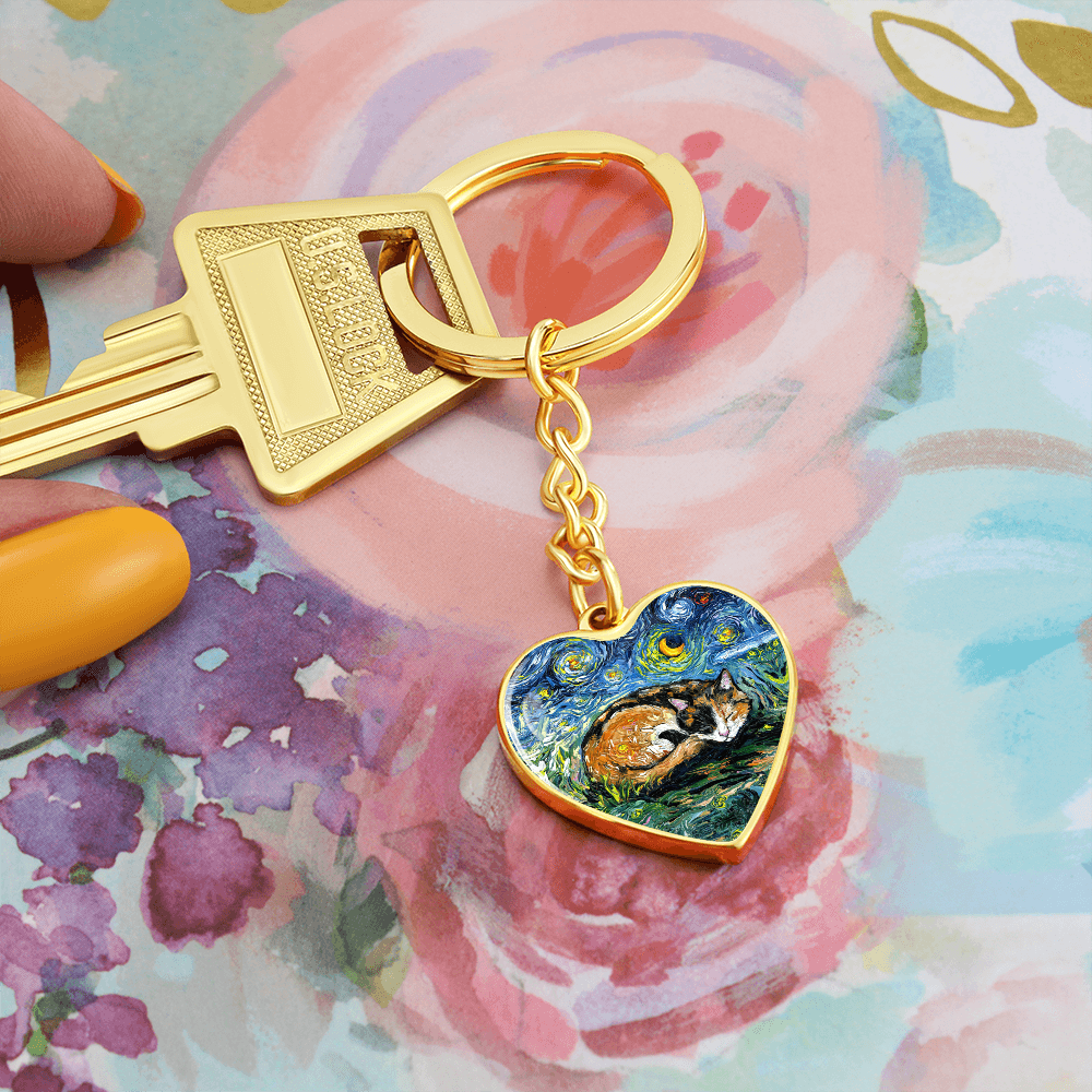 Sleeping Calico Cat Starry Night Heart Keychain