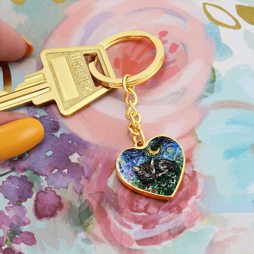 Tabby Kitten Starry Night Heart Keychain