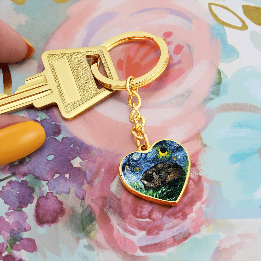 Sleeping Brown Tabby Cat Starry Night Heart Keychain