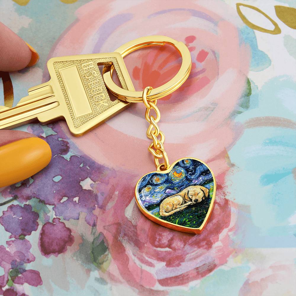 Sleeping Yellow Labrador Starry Night Heart Keychain