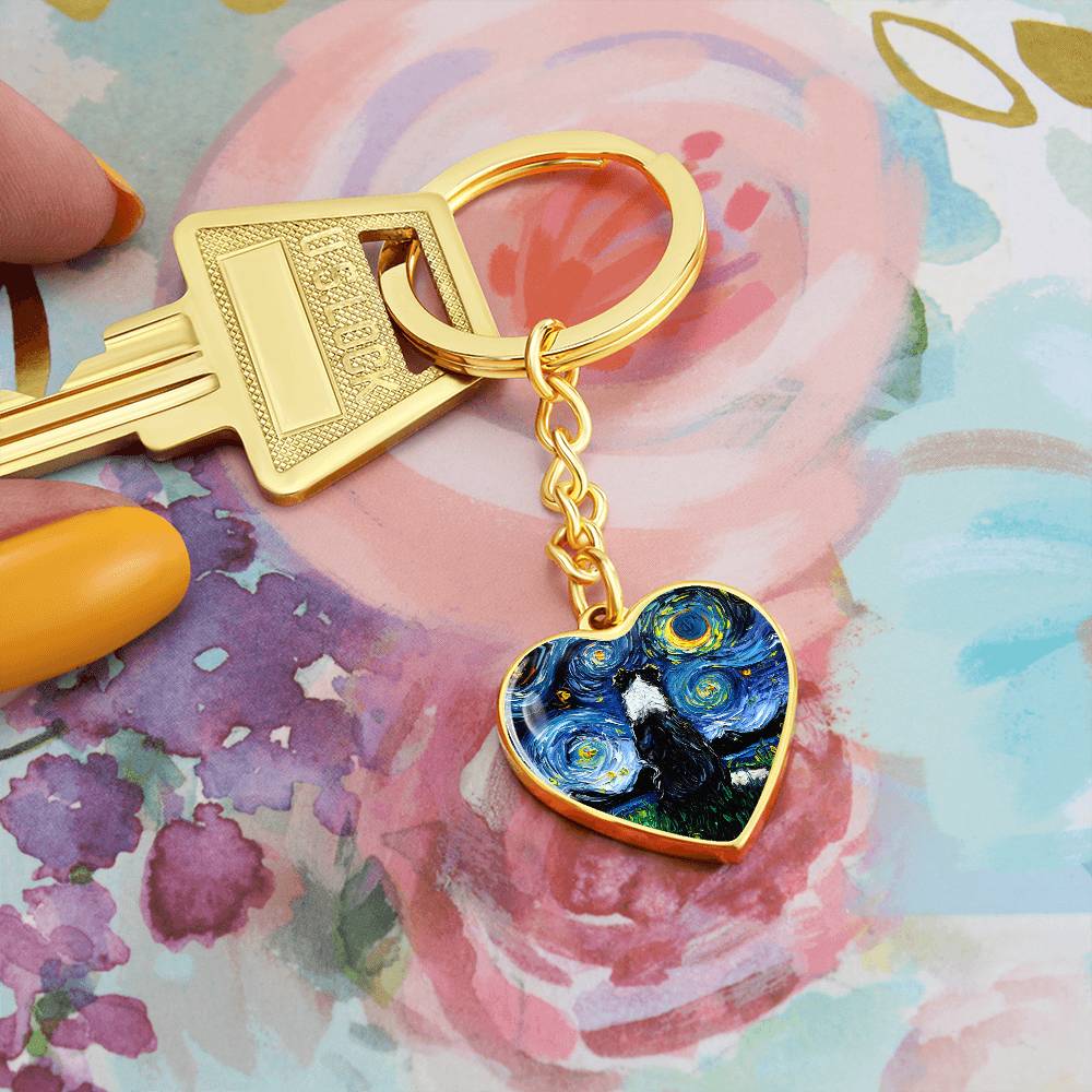 Border Collie Back Starry Night Heart Keychain