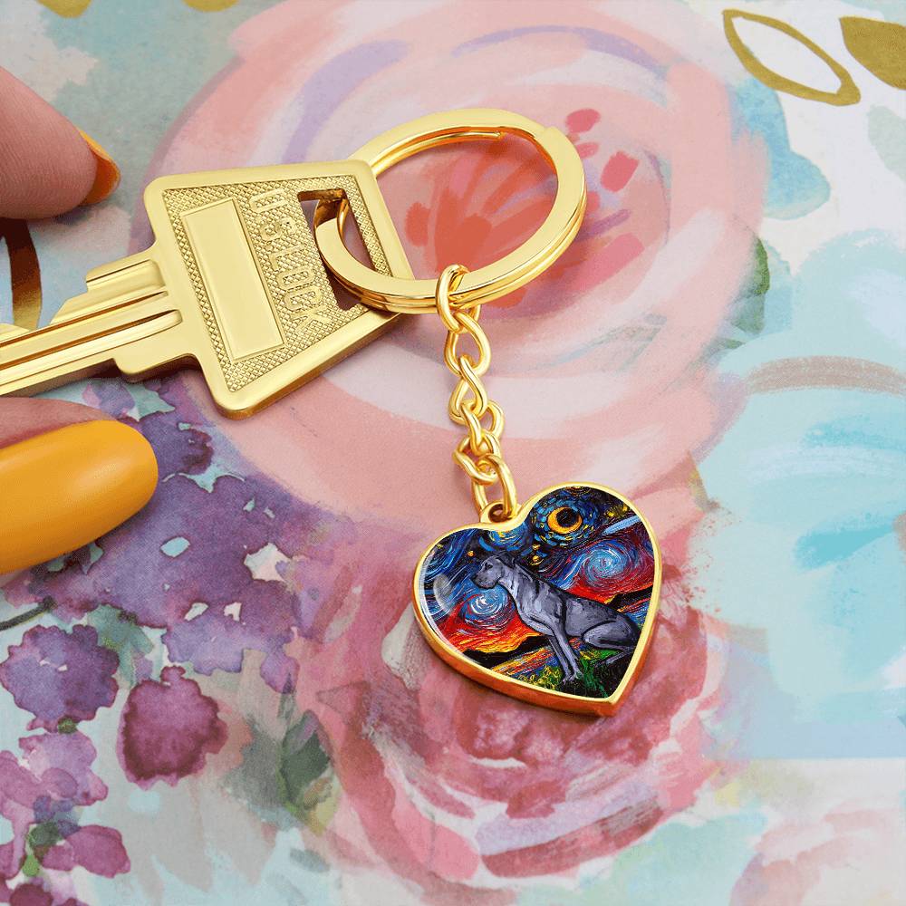 Blue Great Dane Starry Night Heart Keychain