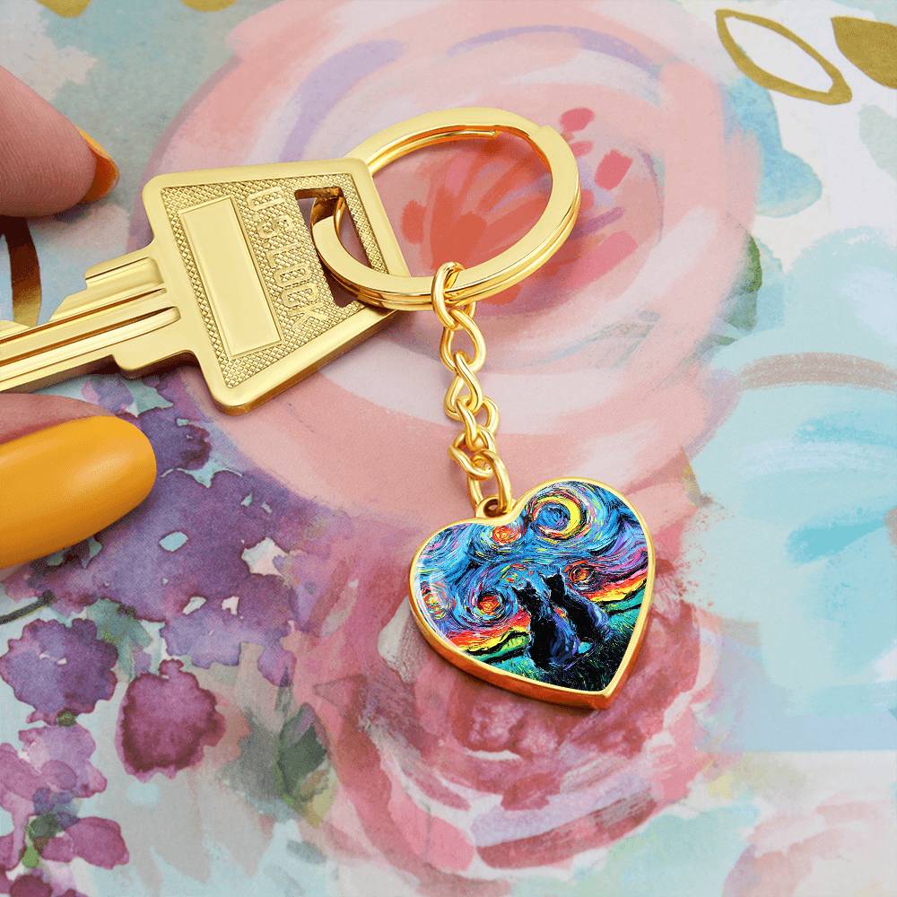 Van Gogh;s Cats Starry Night Heart Keychain