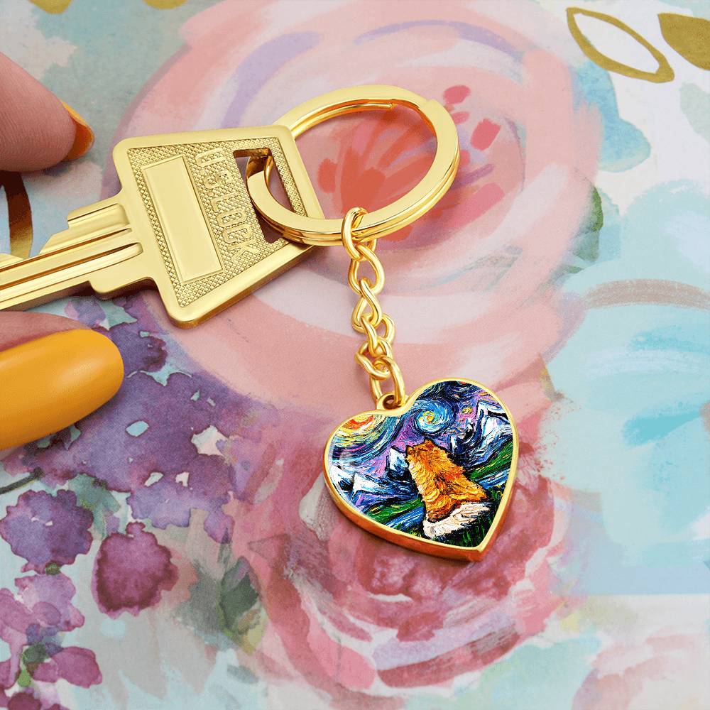 Pomeranian Back Starry Night Heart Keychain