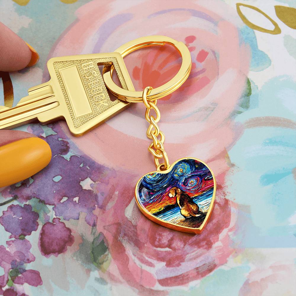 Beagle Beach Starry Night Heart Keychain