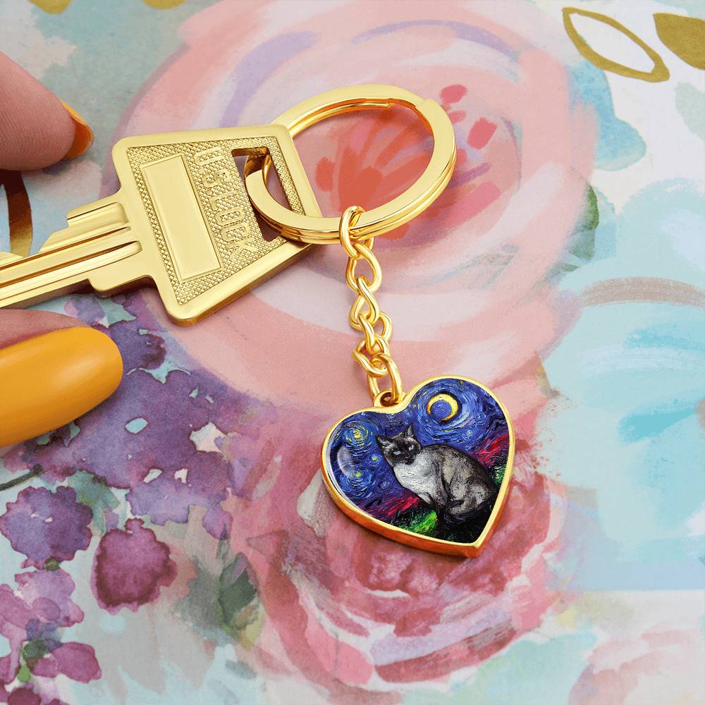 Siamese Cat Starry Night Heart Keychain