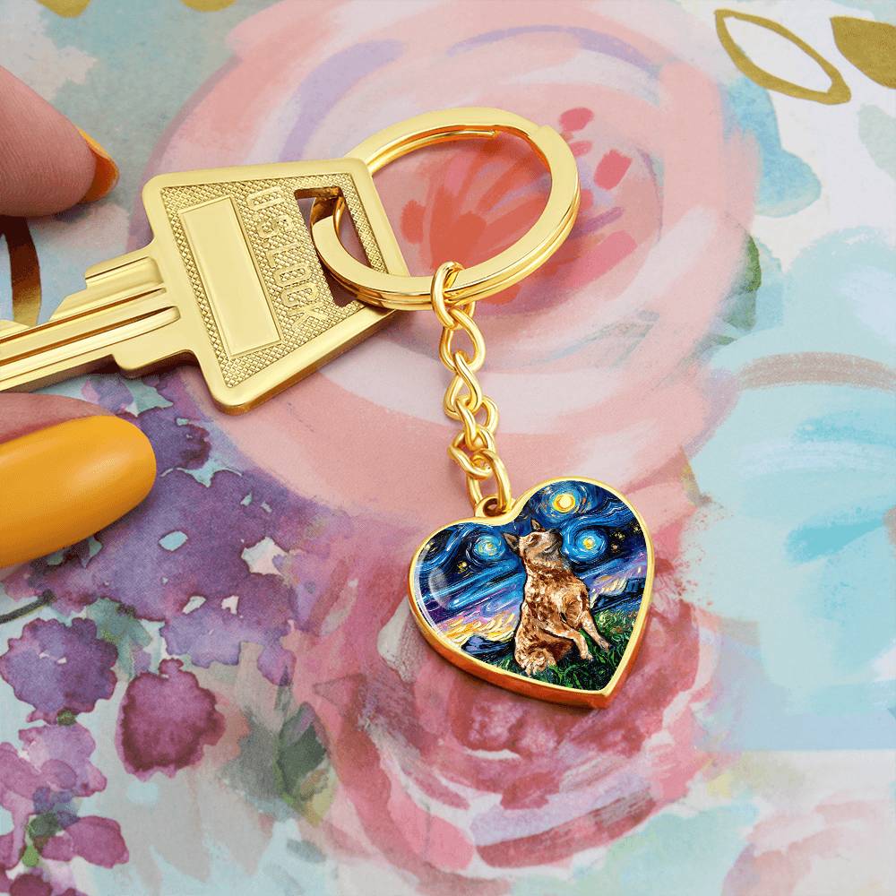 Red Heeler Starry Night Heart Keychain