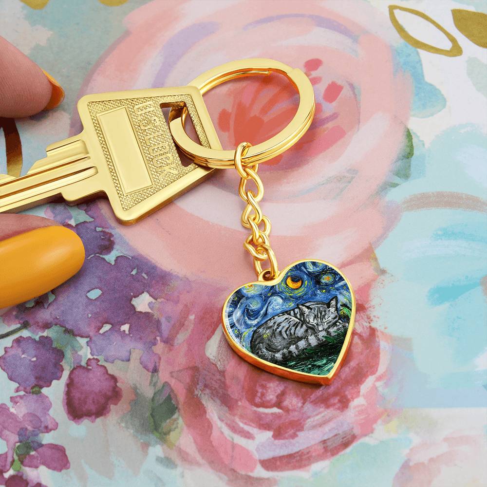 Sleeping Gray Tabby Starry Night Heart Keychain