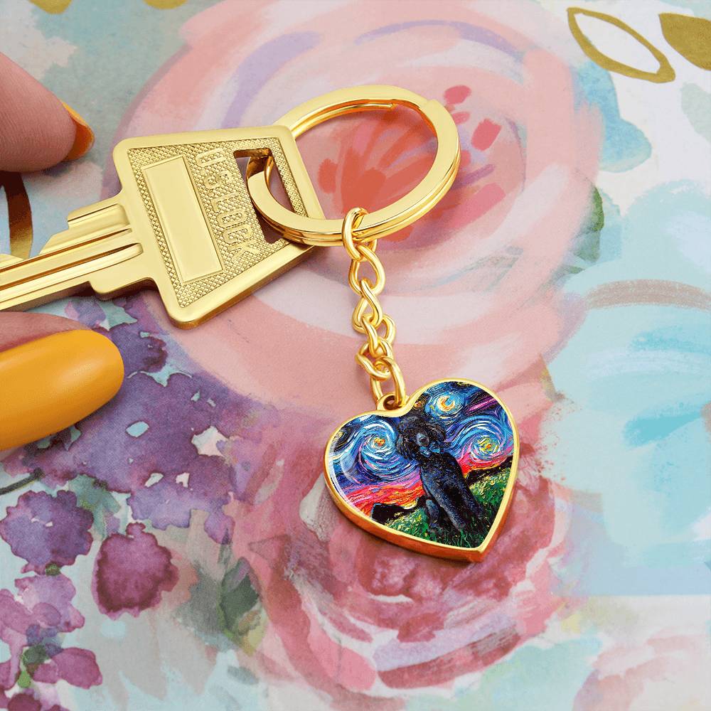 Black Poodle Starry Night Heart Keychain