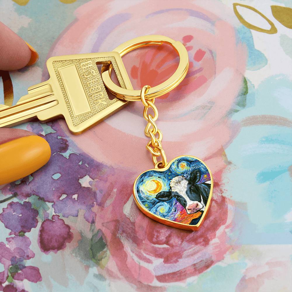 Holstein Cow Starry Night Heart Keychain