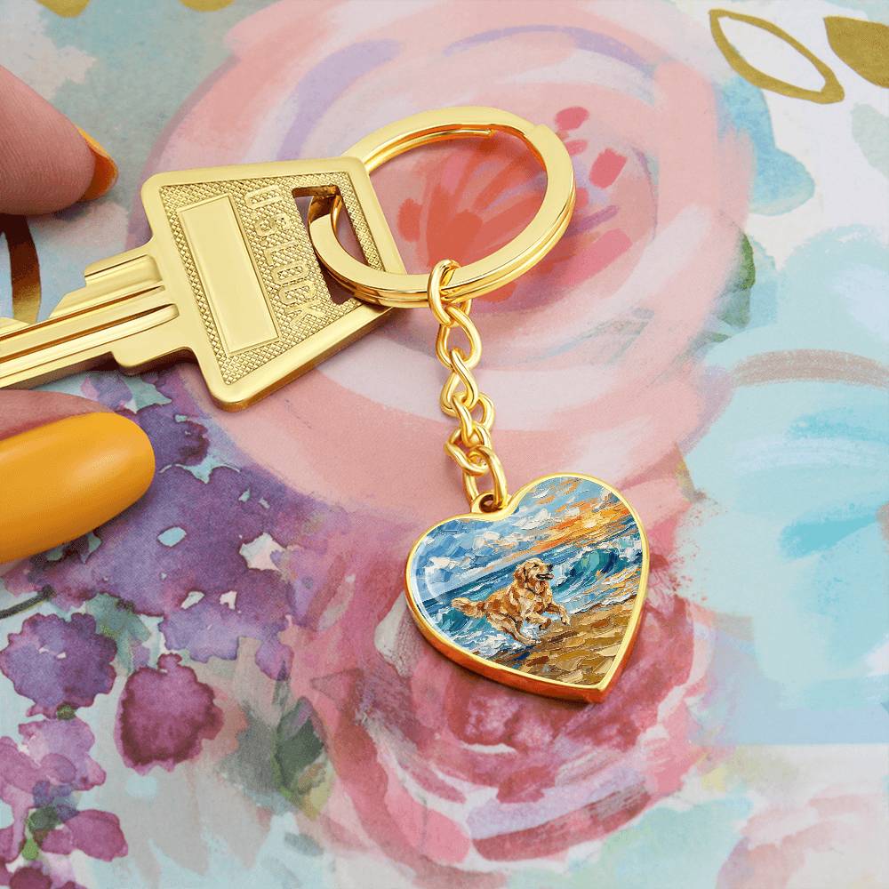 Frolicking Golden Retriever Heart Keychain