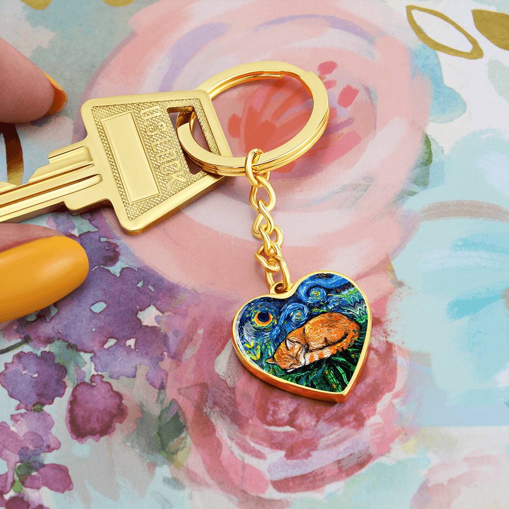 Sleeping Orange Tabby Cat Starry Night Heart Keychain