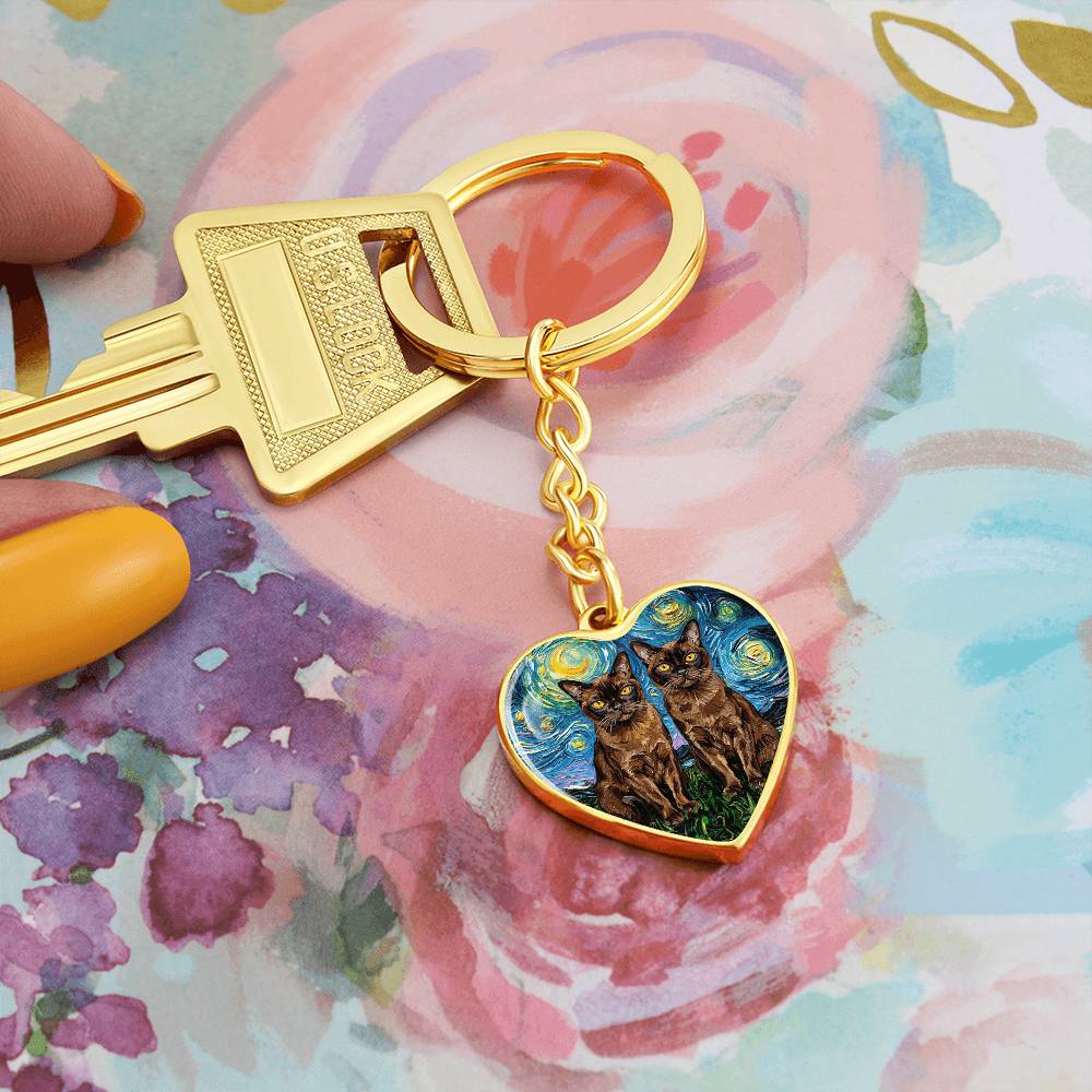 Burnese Cat Night Heart Keychain