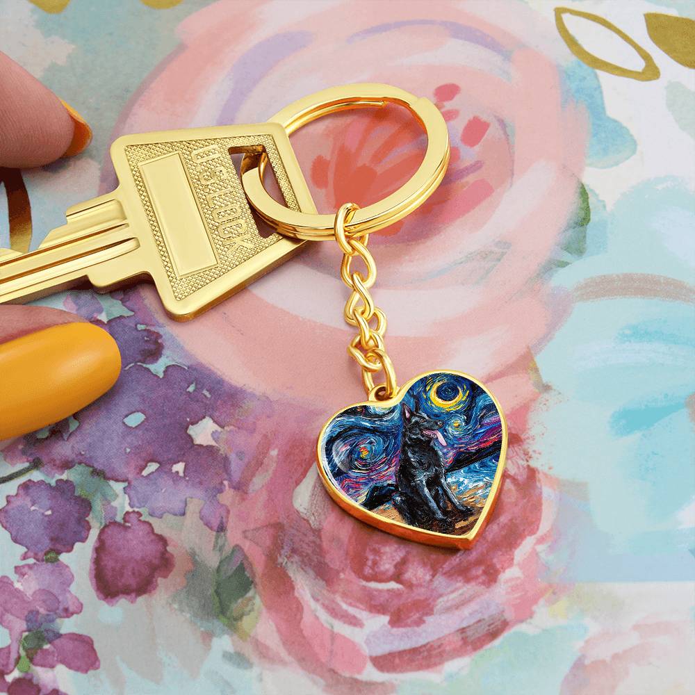 Black German Shepherd Starry Night Heart Keychain